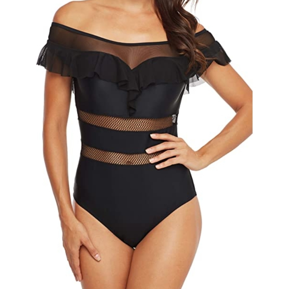 Off Shoulder Strapless Swimsuit Black Size L